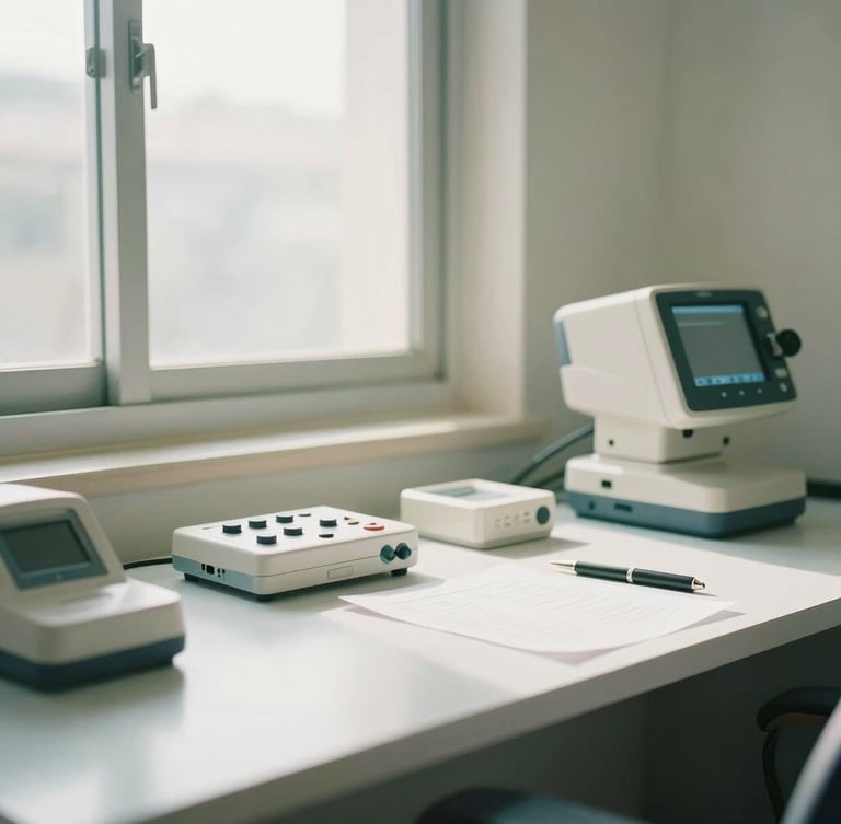 Warm clinical photography of a modern, quiet consultation office in Guntur, soft natural window light reflecting off a tidy desk with diagnostic assessment tools, professional editorial depth of field, 35mm