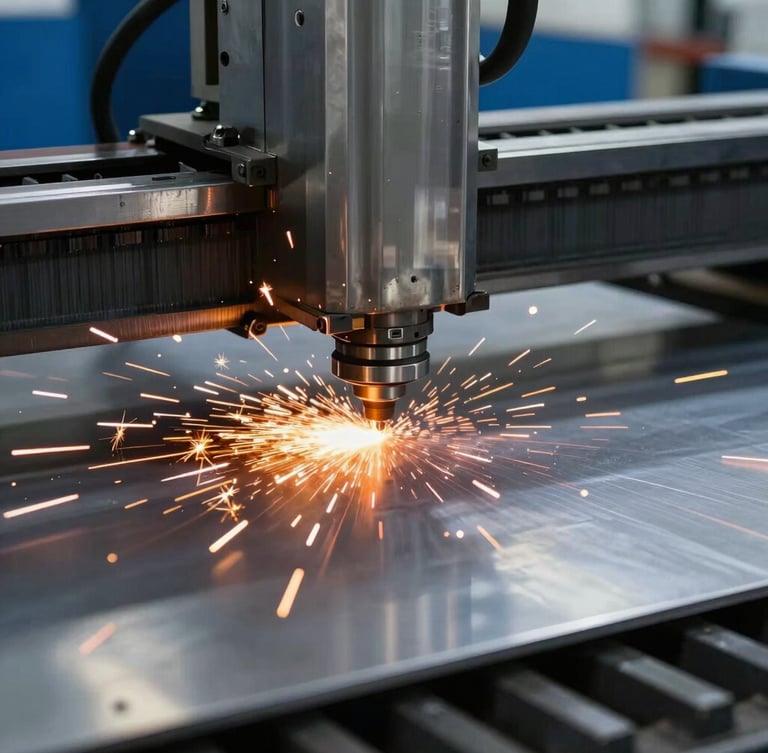 Close-up of a precision CNC fiber laser cutting a thick sheet of 304 stainless steel, bright orange sparks flying, cool blue industrial background.