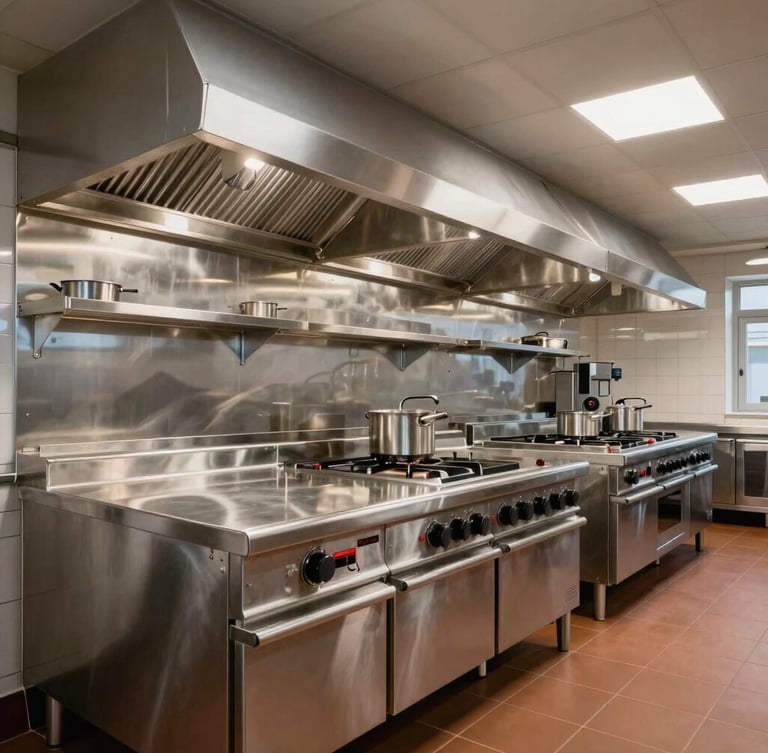 Wide-angle architectural shot of a newly installed commercial hotel kitchen, pristine stainless steel surfaces, high-contrast industrial lighting, empty of people.