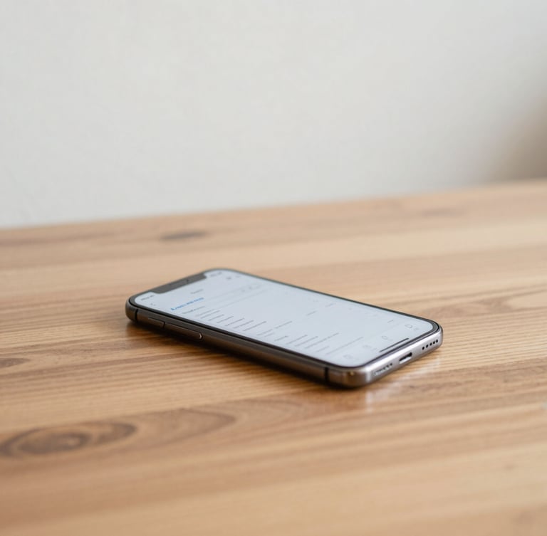minimalist editorial photography, bright natural daylight, clean neutral background, close-up of a smartphone displaying a clean financial app interface resting on a wooden cafe table, soft shadows, shallow depth of field, 35mm