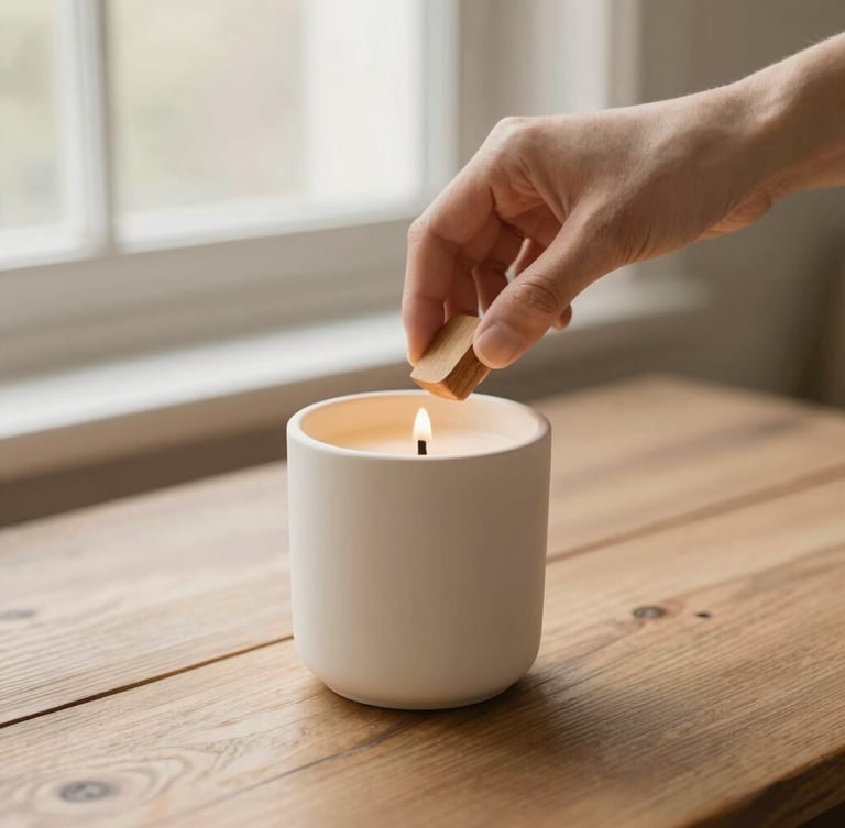 A pair of hands carefully leveling a wooden wick inside a cream-colored ceramic candle vessel on a rustic wooden table, soft morning window light, warm tones.