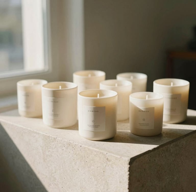 A collection of custom-labeled minimalist ceramic candles arranged neatly on a stone pedestal, warm sunlight casting long elegant shadows