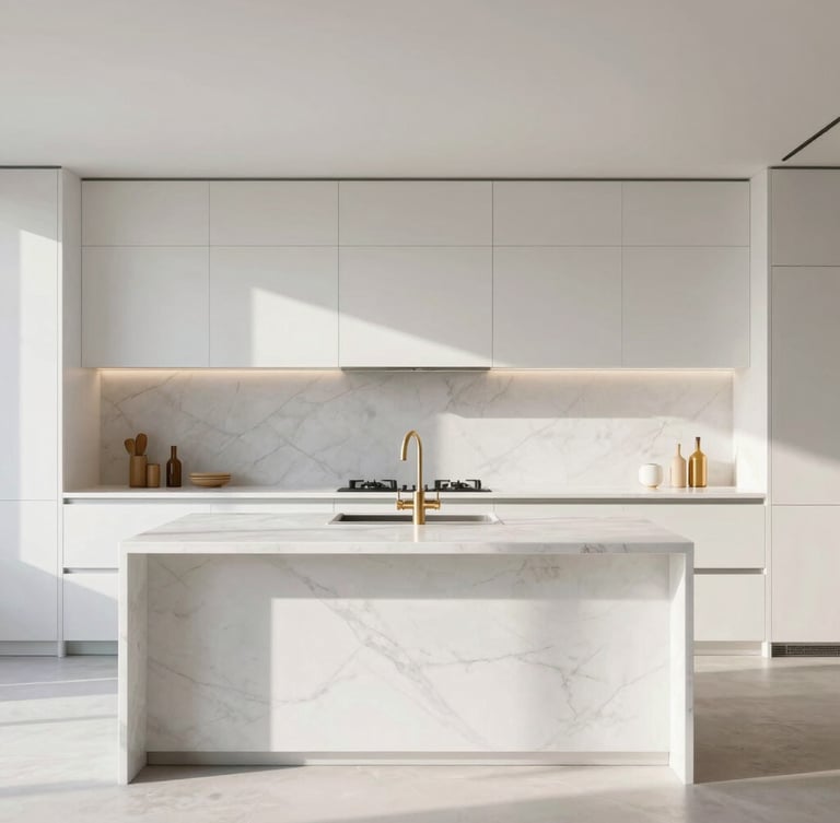 Sunlit completed luxury residential kitchen interior, white marble island, minimalist composition, architectural straight-on angle, 35mm lens