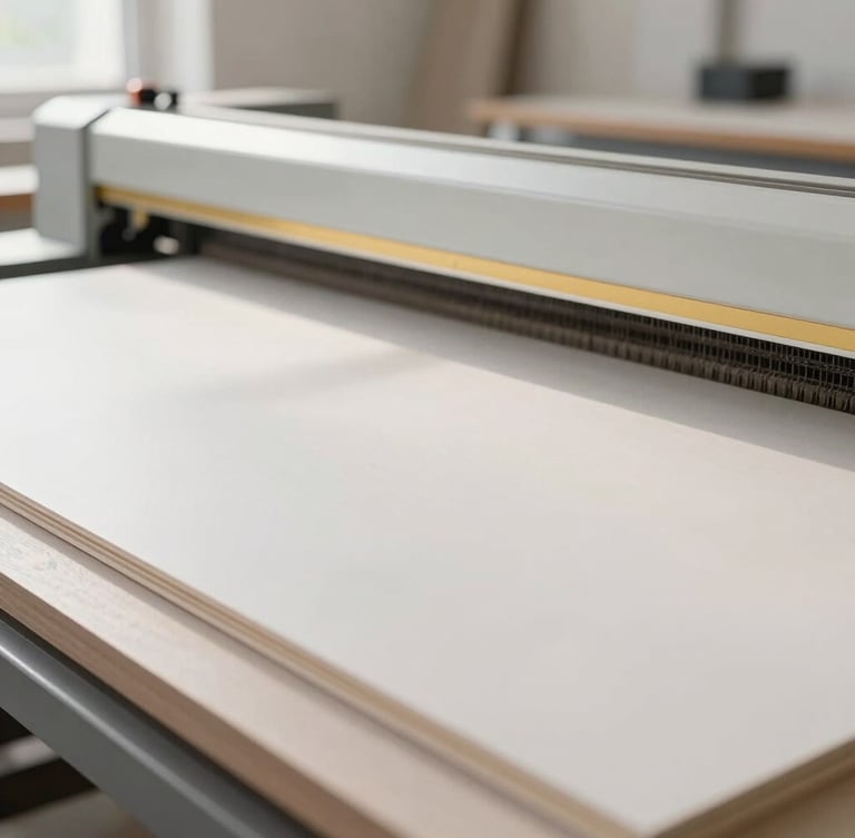 Close-up of precise German woodworking machinery cutting premium HPL board, clean workshop environment, soft natural light, shallow depth of field