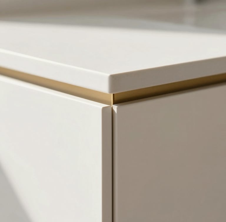 Detailed close-up of a premium cabinet corner joinery, flawless HPL edge banding, bright natural morning light, shallow depth of field