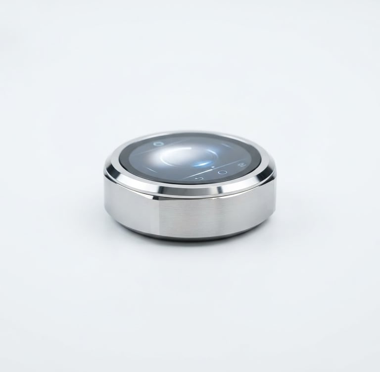 High-end smart gadget, sleek design, on a clean white surface, bright studio light, subtle metallic reflections, 85mm