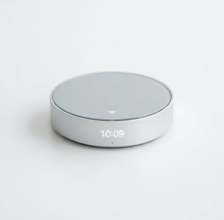 Bright high-key product photography of a sleek silver smart gadget on a clean white surface, soft studio lighting, sharp focus, 85mm