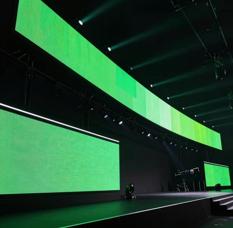 Sleek high-end LED screens in action on a massive dynamic event stage, dramatic stage illumination, deep shadows with vibrant green neon pops, 35mm lens
