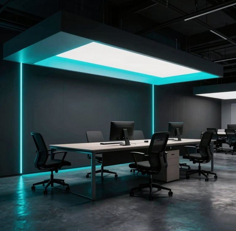 Sleek modern creative holding office interior, high-contrast studio lighting, deep moody tones with vibrant cyan neon accents, 35mm lens, wide cinematic shot