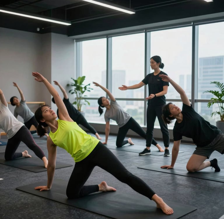 Professional corporate wellness session in a modern bright Jakarta office, employees practicing light yoga and stretching guided by a certified instructor, soft natural window light, 35mm lens