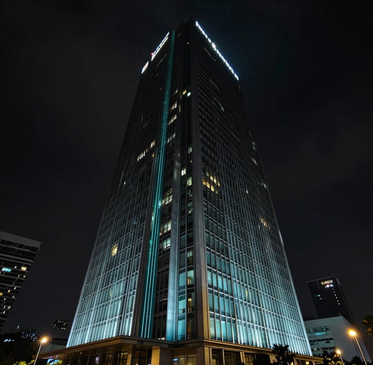 Sleek modern corporate headquarters building in Jakarta, dramatic high-contrast lighting, deep moody tones with neon cyan accents, wide architectural shot, 35mm lens
