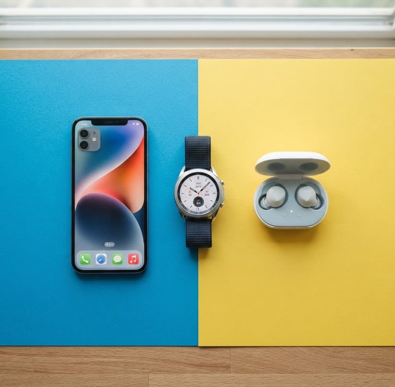 Overhead flatlay of modern gadgets, a smartphone, wireless earbuds, and a sleek smartwatch arranged on a clean blue and yellow background, bright natural light.
