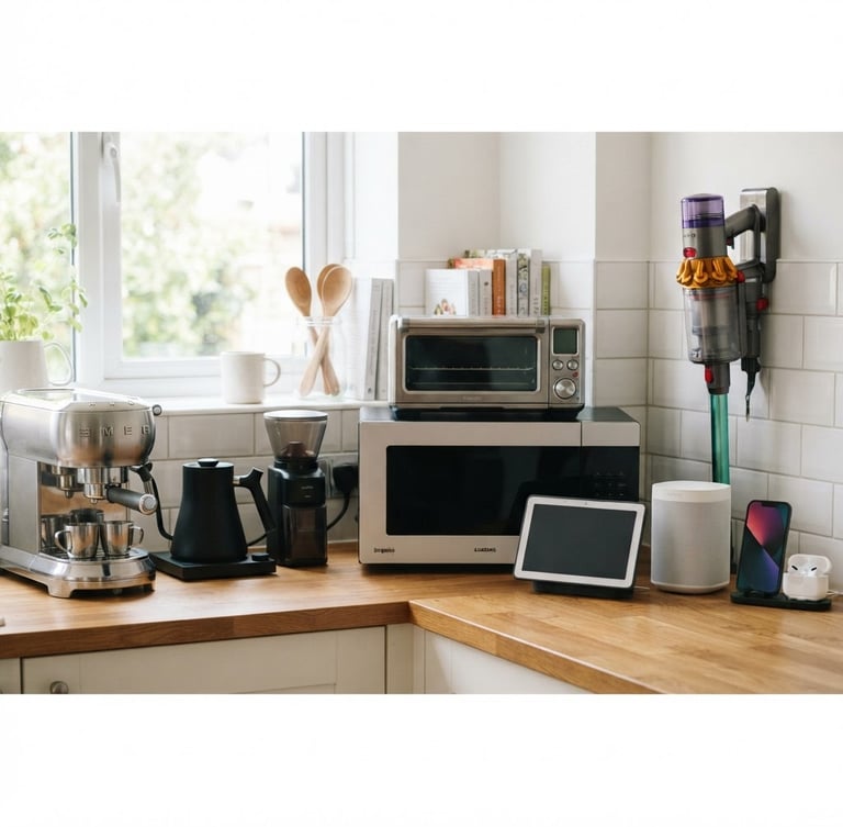 Clean product photography of modern home electronics and kitchen appliances arranged neatly on a wooden countertop, bright natural daylight, 35mm lens