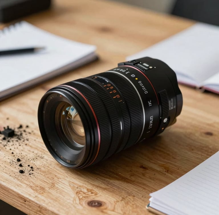 Macro shot of heavy recording equipment on a raw plywood desk, surrounded by scribbled notebooks and charcoal dust.