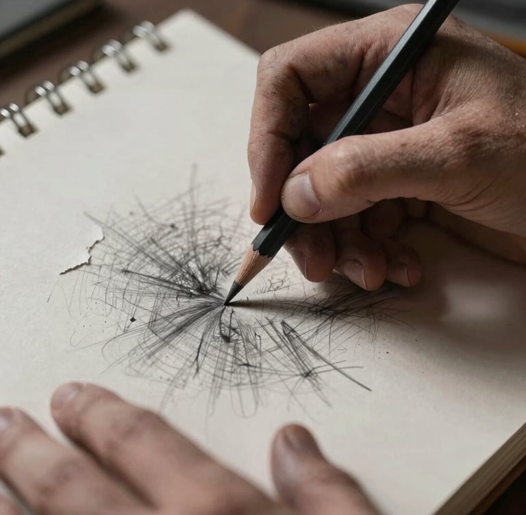 Extreme close-up of charcoal-stained hands holding a heavy graphite pencil over a deeply textured, torn paper sketchbook, harsh single-source side lighting, deep raw shadows.
