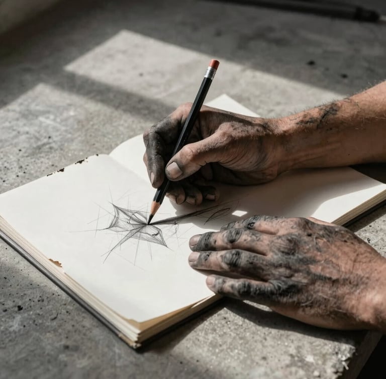 High-contrast portrait photograph of charcoal-stained hands holding a heavy graphite pencil over a torn sketchbook. Harsh single-source side lighting casts deep shadows across a raw concrete studio floor.