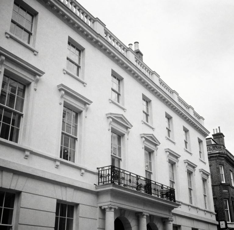 High-contrast editorial black and white photography of Silverstream House exterior on Fitzroy Street, London, clean architectural lines, soft overcast daylight, 35mm film