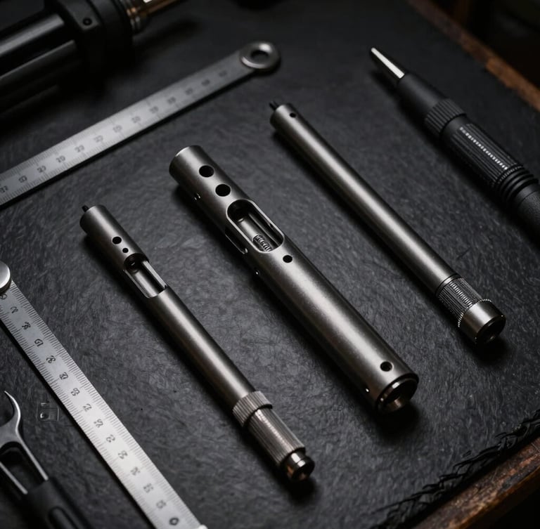 Overhead flat-lay of disassembled firearm parts on a clean dark slate work surface with precision measuring tools, dramatic side-lighting.