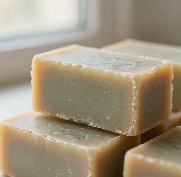 Macro close-up of textured, rough-cut Ayurvedic soap bars stacked on raw cedarwood, soft morning light, shallow depth of field