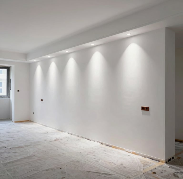 Straight-on architectural elevation of an immaculate, mid-progress residential workspace with protective sheeting perfectly taped down, crisp white work lights illuminating clean lines.