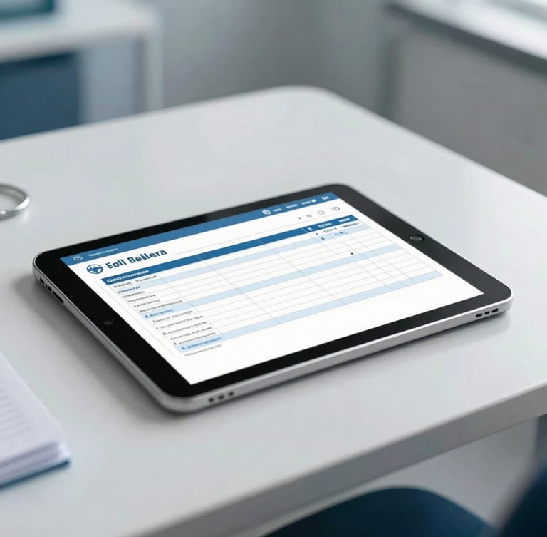 A clean, modern medical office desk with a digital tablet showing structured billing charts, soft natural daylight, shallow depth of field