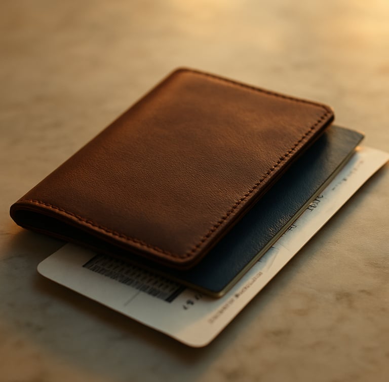 Intimate close-up of a leather passport holder and travel documents on a clean marble table, golden-hour coastal light, rich desaturated tones