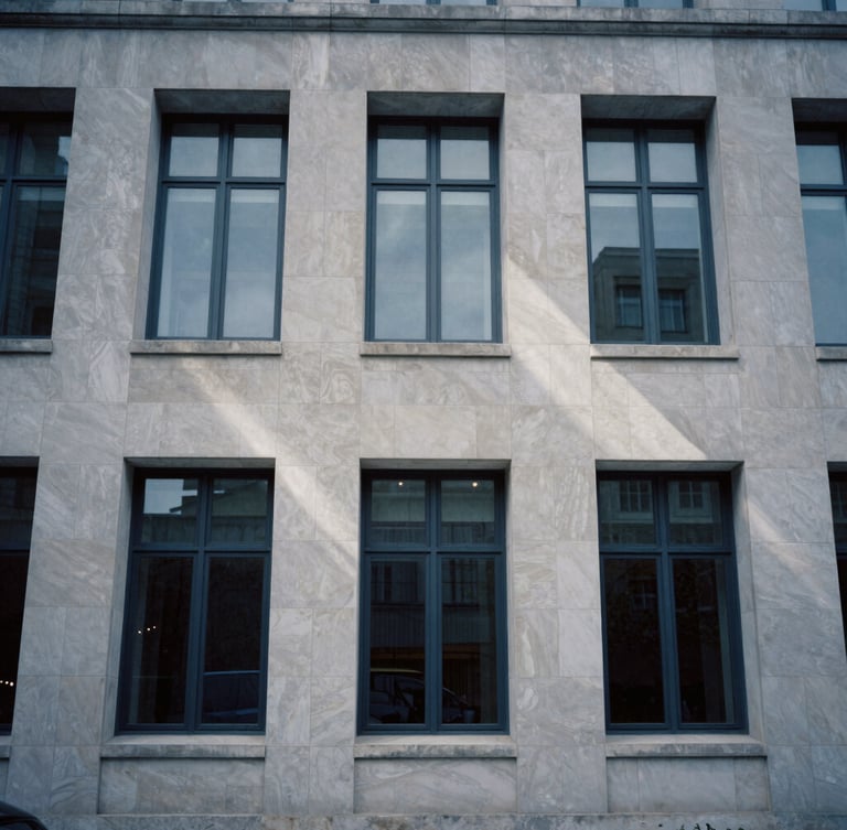 Tight architectural crop of a modern limestone courthouse facade, sharp directional window shadows, cool overcast daylight, 35mm film photography.