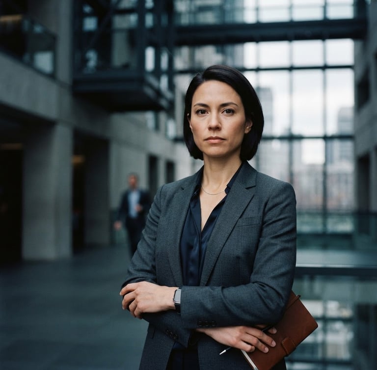 A professional, non-smiling portrait of a financial advisor in natural cool light, structured architectural background, desaturated slate tones, 35mm film photography.