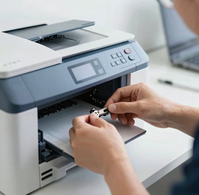 Close-up of a technician's hands performing precise maintenance on a high-end office printer, bright natural office light, crisp details, 35mm lens