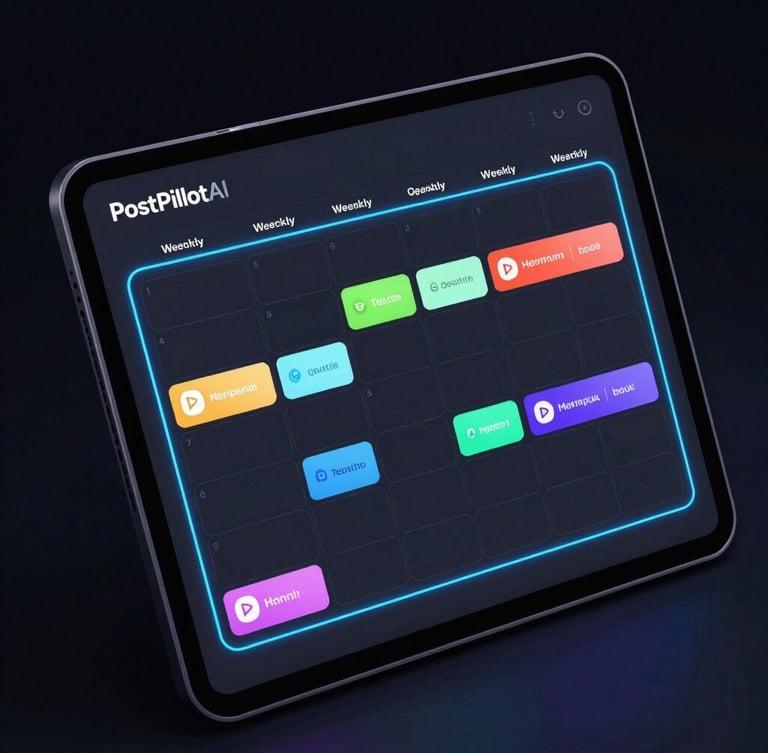 Close-up product shot of the PostPilotAI scheduling calendar in dark mode. Weekly grid filling up with automated posts, color-coded by social network. Crisp neon-accented borders in electric blue outline the active queue. Sleek backlit workspace aesthetic.
