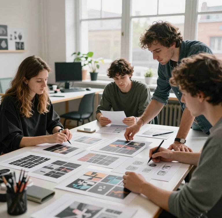 A collaborative workshop in a bright Bristol creative studio, UK designers reviewing campaign layouts on a table under soft natural overcast light.