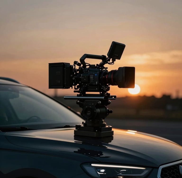 Behind-the-scenes shot of a high-end cinema camera rig on a gimbal, tracking a sleek vehicle at sunset, warm amber flares, moody low-key lighting.