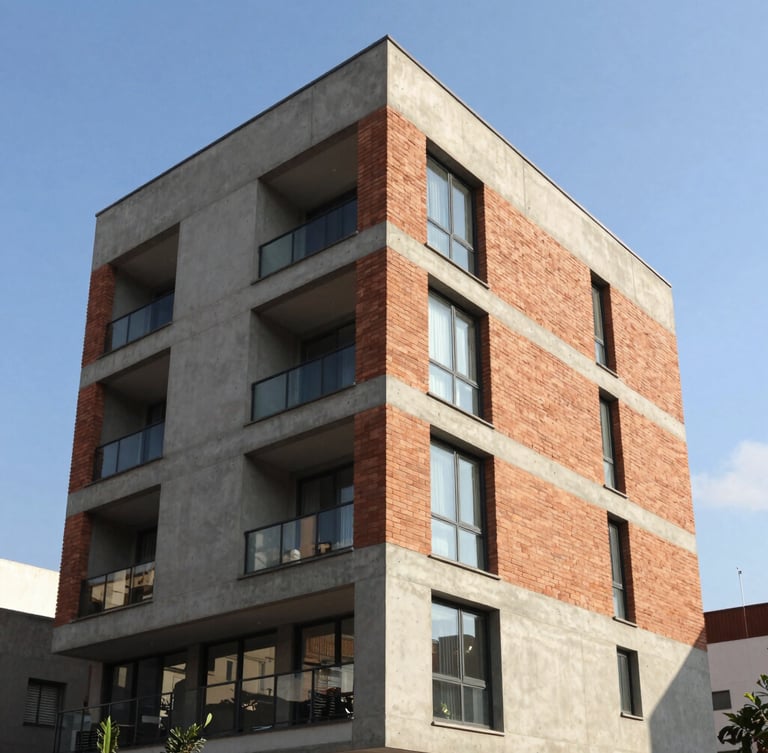 Exterior of a modern residential building in Bogotá, bright morning sun, clean concrete and brick architecture, sharp focus, professional photography