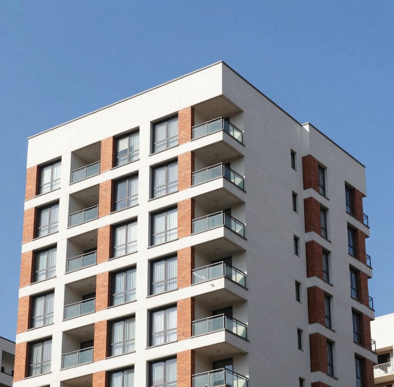 Modern residential apartment building exterior in Bogotá, crisp architectural photography, bright morning sun, clean lines, professional corporate blue sky
