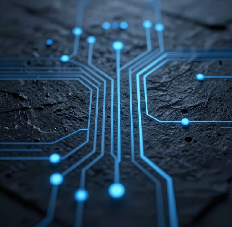 Macro close-up of glowing digital data streams flowing smoothly through a dark slate circuit grid, sharp electric blue light accents, minimalist tech aesthetic, 35mm lens, cinematic lighting