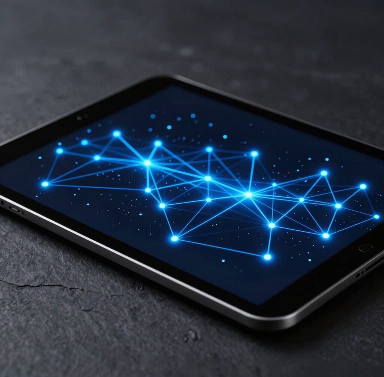 Sleek close-up of a high-tech tablet displaying abstract glowing blue node connections, dark slate background, sharp lighting