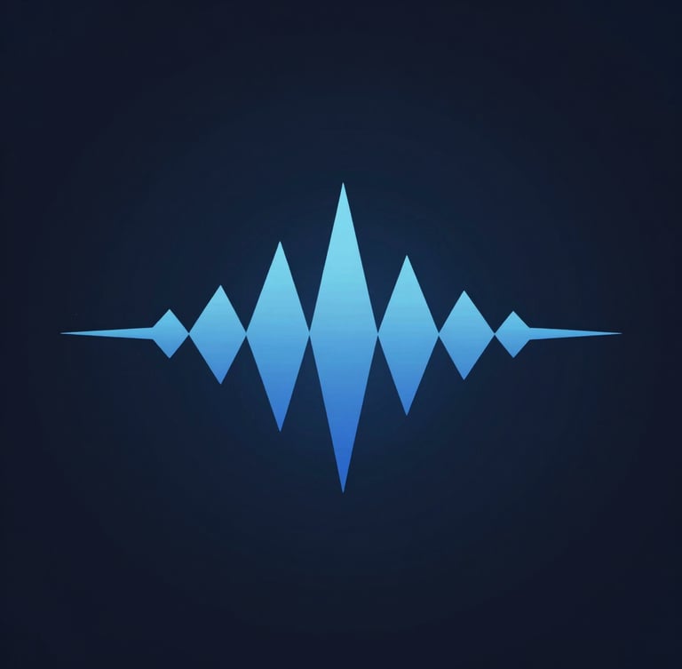 Minimalist conceptual digital illustration of a clean audio wave pattern intersecting with geometric shapes, cool studio lighting with soft blue ambient glows, deep navy background, cinematic negative space