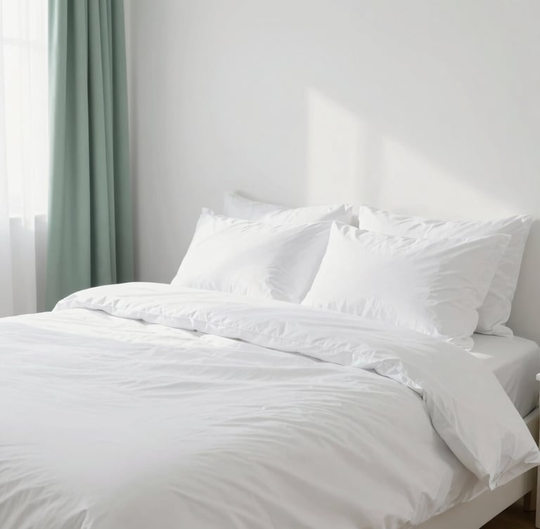 Bright high-key interior photography of a pristine rental bedroom, clean white linens, soft sage green accents, crisp natural daylight, sharp focus, 35mm