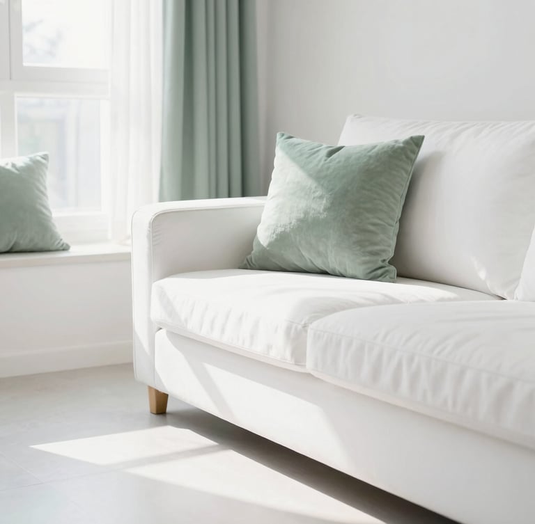 Bright high-key living room photography, crisp natural daylight, clean white surfaces and soft sage accents, sharp focus, 35mm