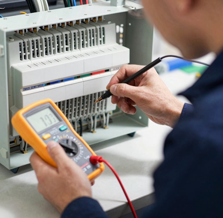 Close-up of a technician in a navy blue uniform testing an AC electrical board with a digital multimeter, bright natural daylight, sharp focus on tools