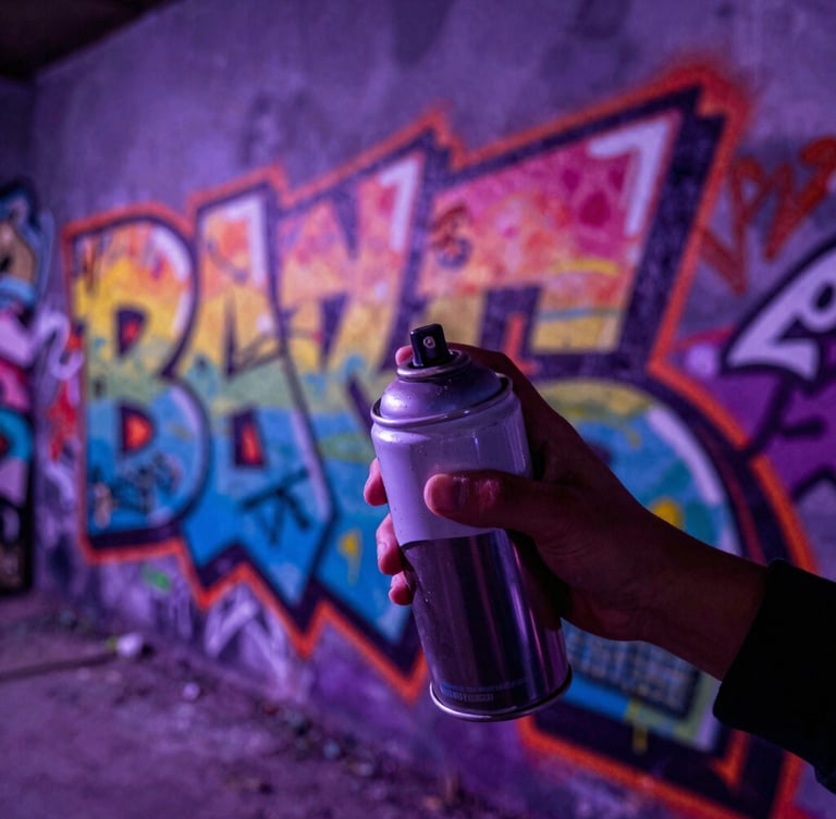 Extreme close-up of spray paint cans held by youth in front of a massive fresh colorful graffiti mural, deep purple overlay, dramatic high-contrast street lighting.