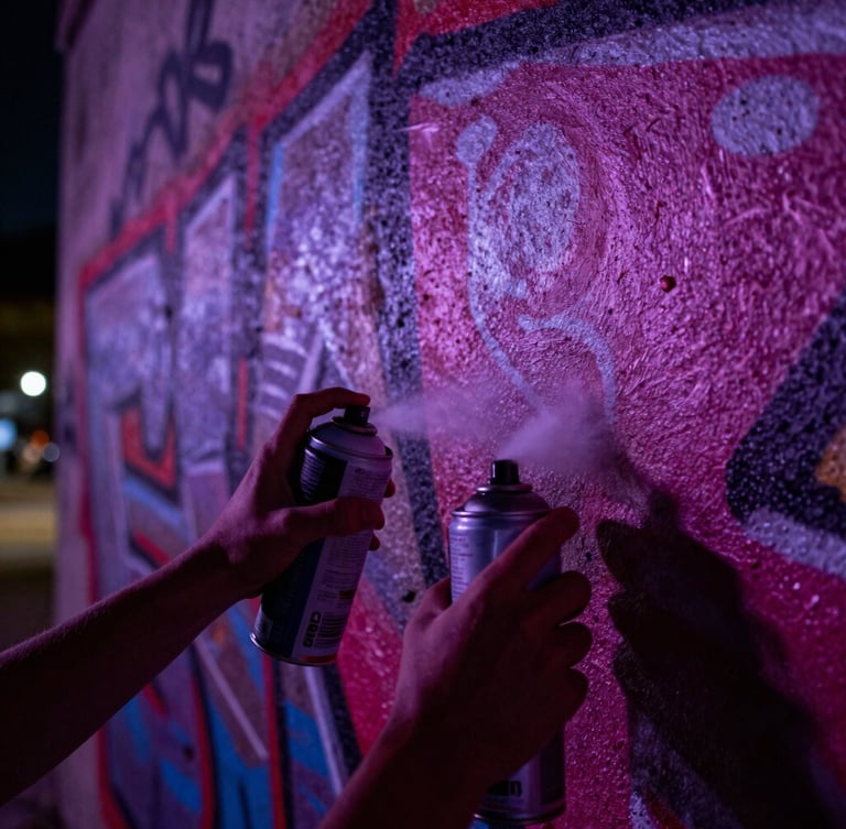 Extreme close-up of hands holding spray paint cans, spraying a fresh graffiti mural on a raw concrete wall, high-contrast night street lighting, deep purple and magenta color grading