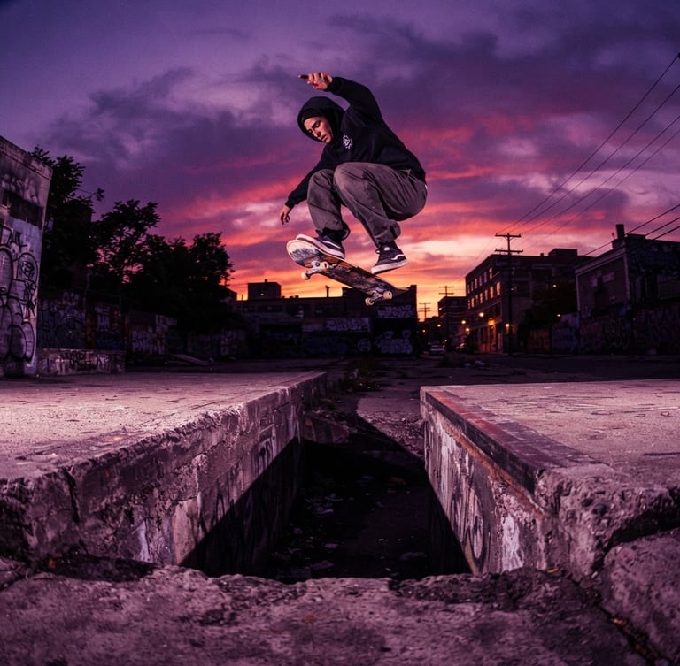 Dynamic low-angle wide shot of a skateboarder performing a trick over a concrete gap at sunset, deep purple and magenta color grading, high contrast street lighting.