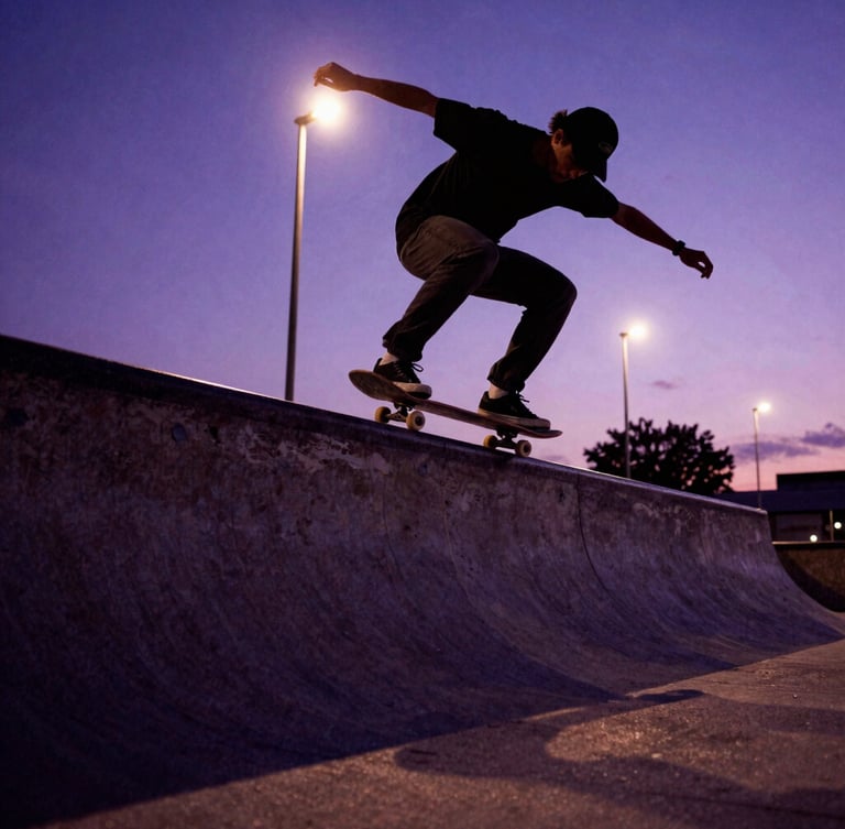 Low-angle dynamic action shot of a skateboarder executing a trick over a concrete gap at dusk, dramatic streetlights casting long shadows, deep purple color grading, gritty 35mm film texture.