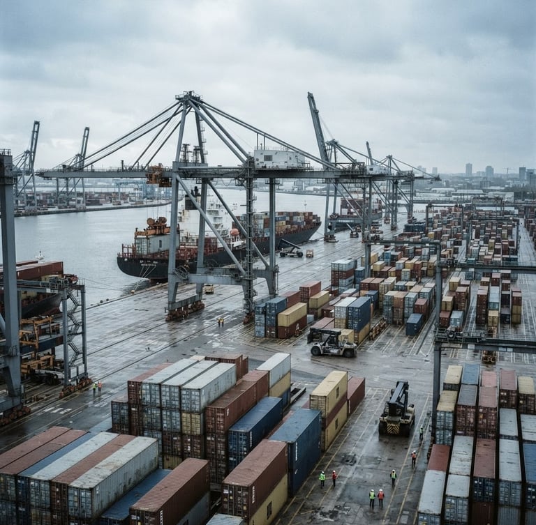 Modern container terminal with towering cranes, cool overcast daylight, desaturated slate and steel tones, sharp focus, 35mm