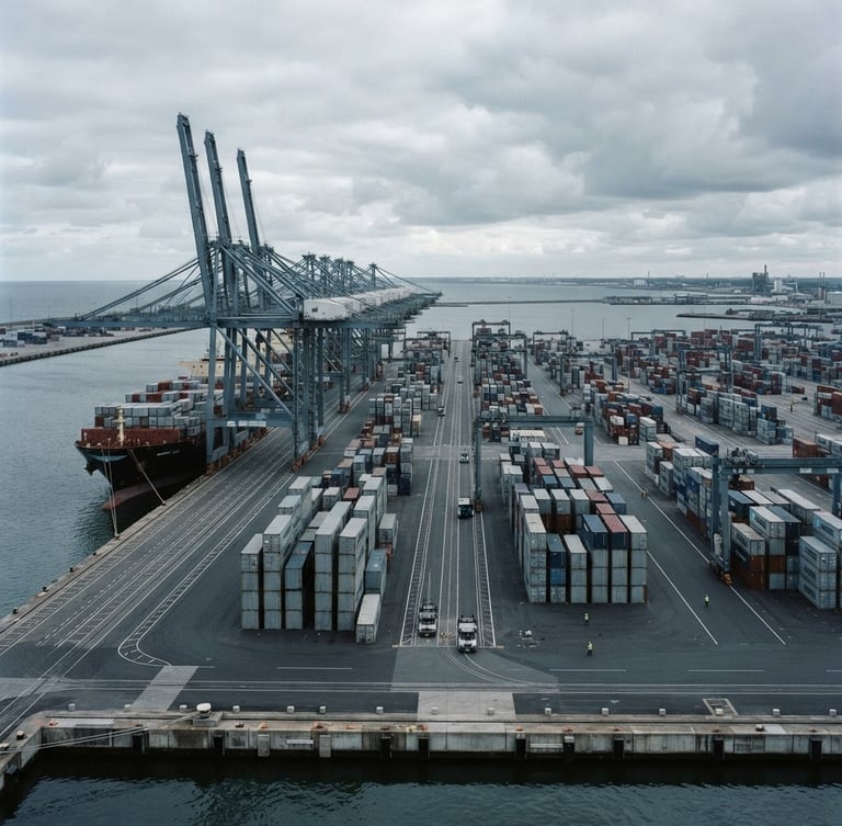 Wide architectural shot of a modern container terminal under cool overcast daylight, desaturated slate and steel tones, sharp focus, 35mm