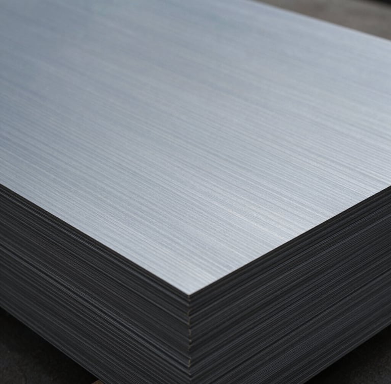 Close-up of industrial quality-control inspection of raw steel sheets, cool overcast daylight, desaturated slate and steel tones, sharp focus, 35mm