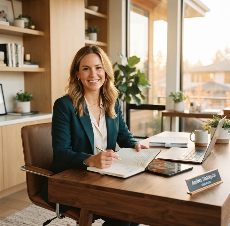 Professional, warm portrait of real estate agent Amber Dahlquist in a sun-drenched modern home office, golden-hour natural light, clean architectural framing, 35mm