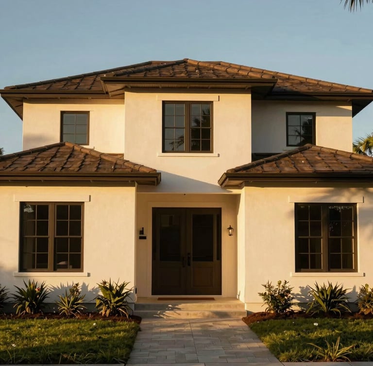 Warm editorial photography of a modern Florida craftsman home exterior, sun-drenched golden-hour natural light, rich saturated tones, 35mm
