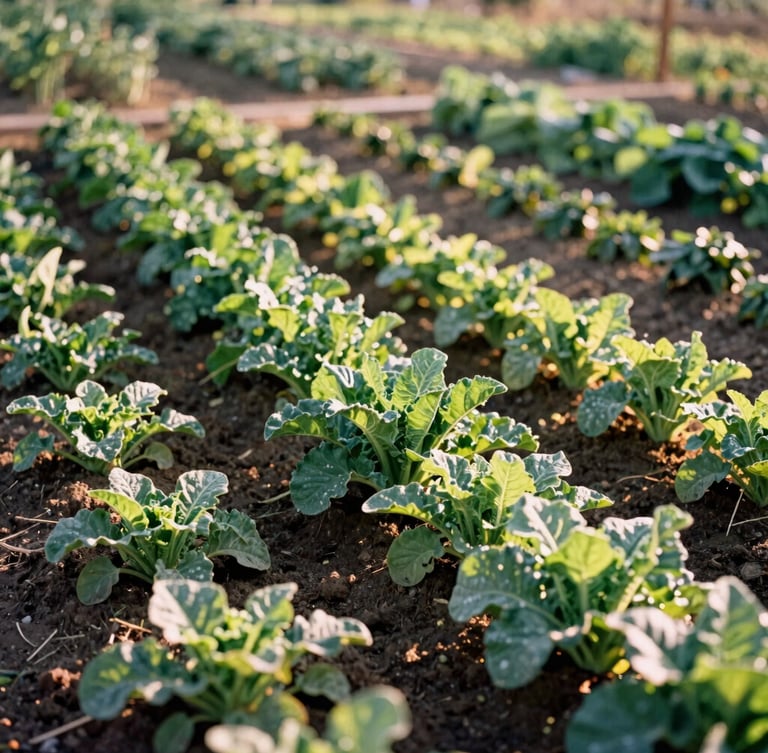 Vibrant organic vegetables growing in neat rows in a sunny garden bed, Santa Clarita ranch, close-up, warm natural light, shallow depth of field, 35mm film.